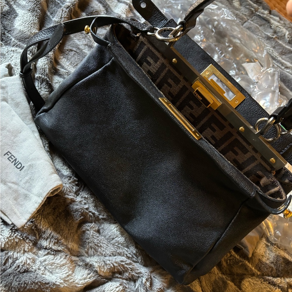 EUC Fendi Goatskin Zucca iconic Peekaboo Satchel - Black with two tone hardware